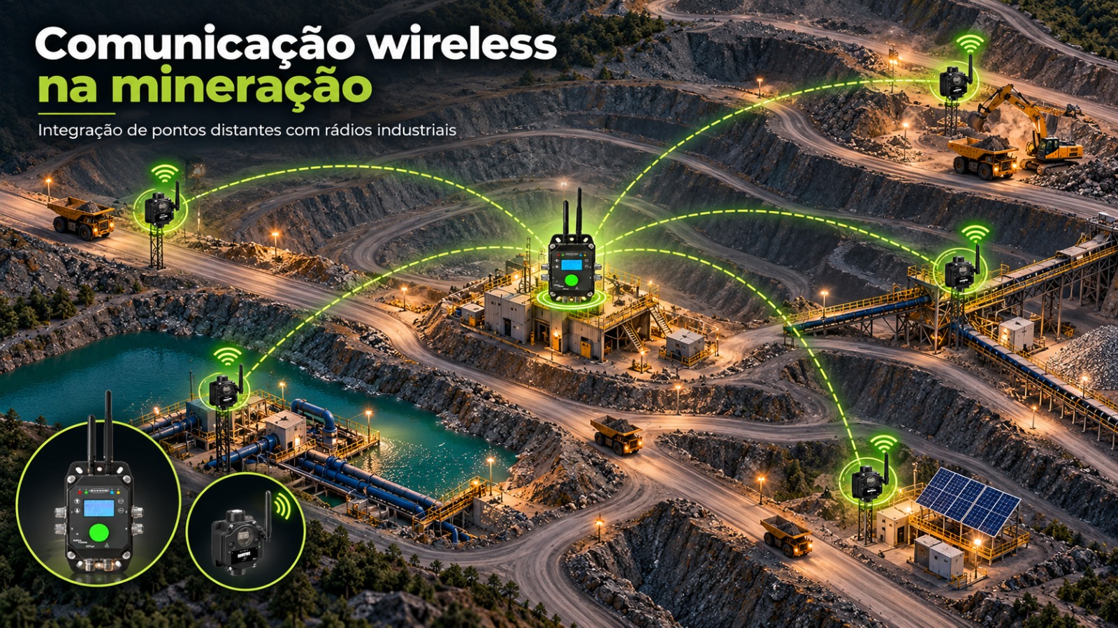 Ilustração de comunicação wireless em uma mina, com rádios industriais conectando pontos de movimentação, transportadores, reservatório e bombeamento a um ponto central.
